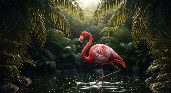 Flamingo in tropical pond - Powered by Adobe