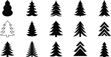 Fototapeta premium Set of 15 Black Vector Christmas and Holiday Tree Silhouettes: Different Shapes of Festive Spruce, Pine, and Abstract Xmas Tree Icons Isolated on White Background AI Generative