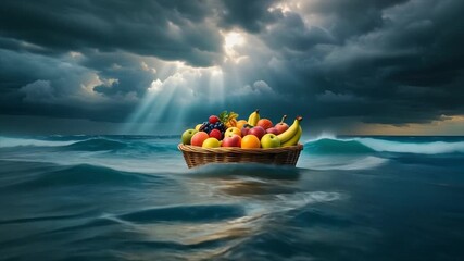 A basket overflowing with fresh fruits floats serenely on the ocean waves, illuminated by ethereal rays of sunlight breaking through the dramatic, stormy sky above - Powered by Adobe