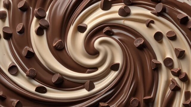 Swirling chocolate and vanilla cream with chocolate chips creates a decadent and visually appealing dessert background, perfect for showcasing sweet treats and indulgence