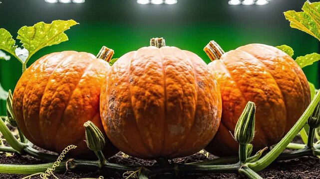 Time-lapse of three pumpkins growing under artificial light, showcasing the vibrant transformation from green to orange, perfect for autumn and harvest themes.