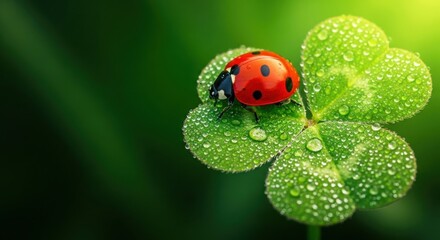 Fototapeta premium Ladybug on clover leaf with dewdrops