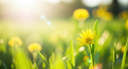 Flower in spring field with sun flare