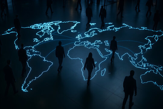 Silhouettes of business people walking across glowing digital world map with connection lines symbolizing global networking, international collaboration and modern communication
