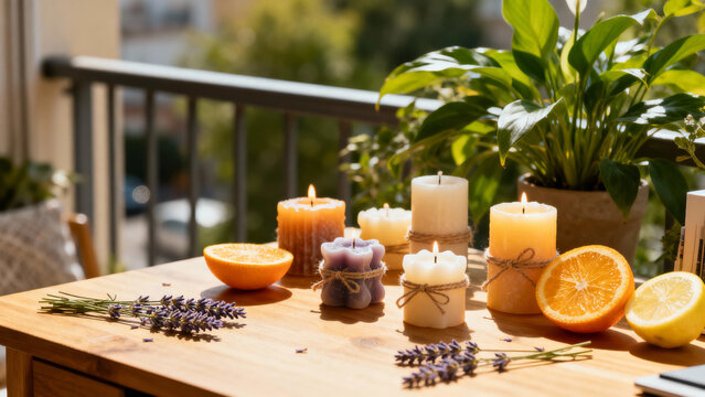 Decorative scented candles and fresh oranges on wooden table outdoors  