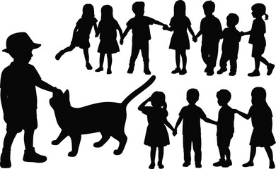 Black Silhouettes of Diverse Children and Happy Parents Lifting Kids, Playing Together, Holding Hands, and Petting a Cat, Vector Set for Childhood Fun.