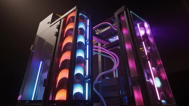 Closeup of a highend gaming computer with liquid cooling system, showcasing its sleek design, vibrant rgb lighting, and powerful components for an immersive gaming experience