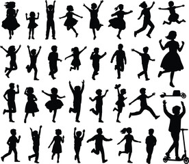 Children running, jumping, and playing silhouette collection, active kids poses vector set, playful youth movement illustration for creative designs, energetic childhood activity artwork