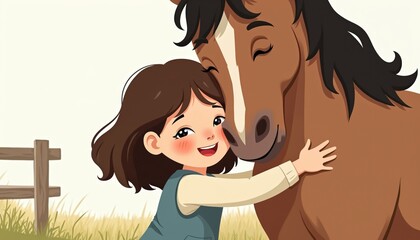 Young girl lovingly hugs brown horse. Child, large farm animal share special bond, showing deep affection. Happy kid embraces pet in field, tender moment of care, friendship. Cute illustration