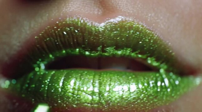Glossy lips being coated with shimmering metallic green brush lipstick 
