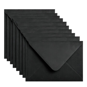 A stack of black envelopes neatly arranged on a black background suggesting a business or formal correspondence setting