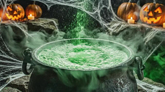 Mystical green potion bubbling in cauldron with spooky autumn decoration and cobwebs