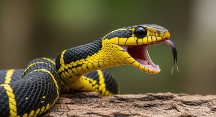 Mangrove snake with open mouth and flicking tongue