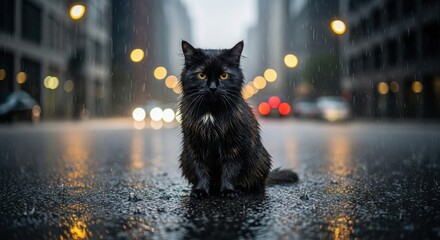Cat on rainy city street