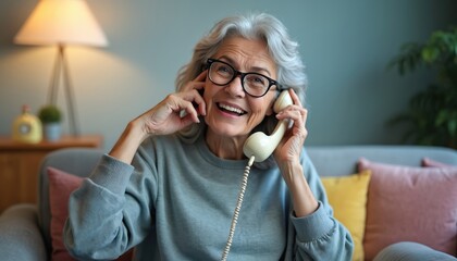 Cheerful senior woman talks on landline phone in cozy living room. She smiles brightly while holding receiver, enjoying conversation with family or friends at home.