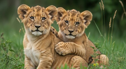 Lion cub pair in green grass