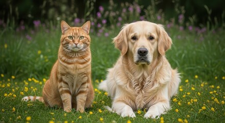 Cat and golden retriever together in a field