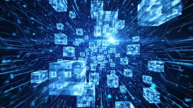 Floating blue cubes with intricate patterns against a dark blue gradient background design look futuristic