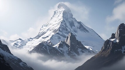 Majestic mountain peak rising above clouds under sunny sky