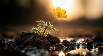 Flower blooming in golden sunrise light