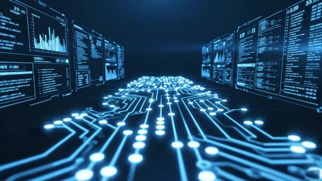 Blue glowing circuit board with data screens on both sides displaying graphs and text data