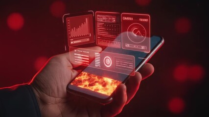 Glowing red futuristic digital interface erupts from smartphone screen held by hand visualizing volatile financial data and urgent technology crisis - Powered by Adobe