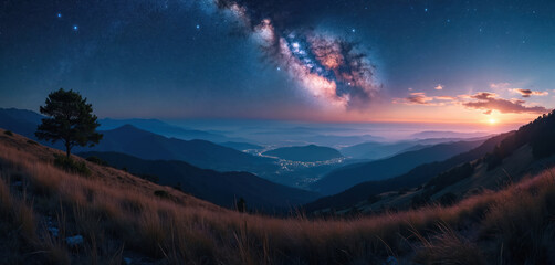 Panoramic mountain view shows starry night sky and vibrant sunset colors over valley town. Lone tree on grassy hill overlooks vast layered peaks. Peaceful, majestic natural scene.