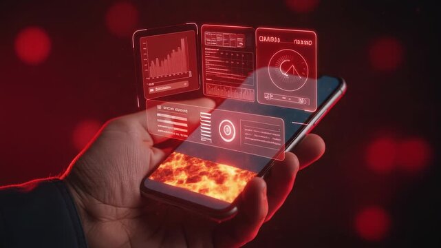 Glowing red futuristic digital interface erupts from smartphone screen held by hand visualizing volatile financial data and urgent technology crisis