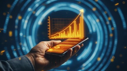 Hand holds smartphone projecting glowing orange financial analysis charts into the dark digital sphere of business technology - Powered by Adobe