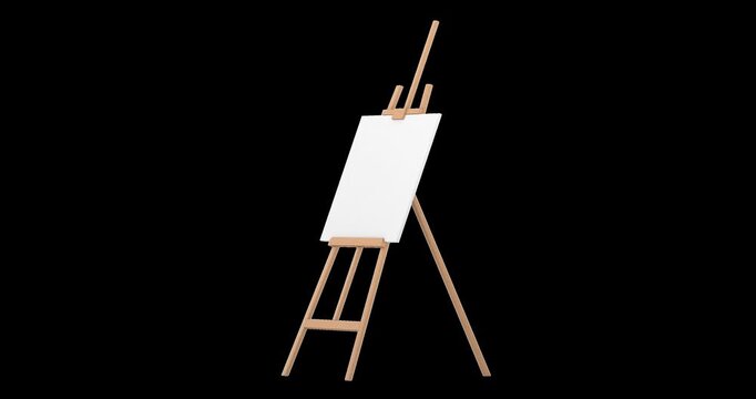 Artist easel with blank canvas rotation animation seamlessly loopable. 3D rendering isolated on transparent background