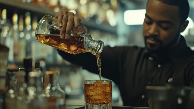 Bartender carefully pouring whiskey into a glass, amber liquid cascading smoothly, bartender skillfully pours amber whiskey into a glass