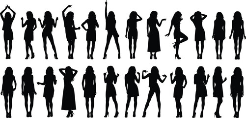 Female silhouette set, fashion poses, stylish women, expressive stance, body posture, black vector, elegance, movement, high heels, contrast art