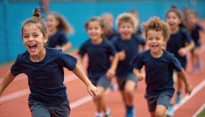 Group of happy kids run at school sport track. Children wear blue t shirts. Boys and girls compete and feel happiness. Active schoolkids take part in sports race event.