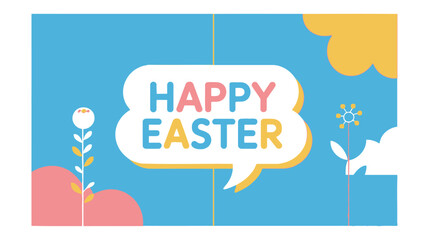 Happy easter greeting with stylized flowers and clouds in a cheerful pastel color palette