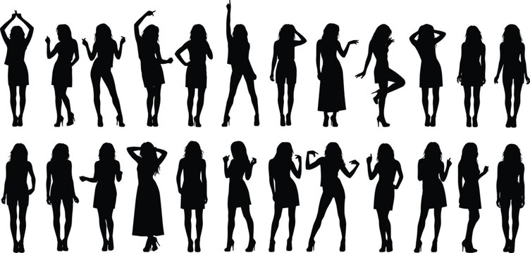 Female silhouette set, fashion poses, stylish women, expressive stance, body posture, black vector, elegance, movement, high heels, contrast art