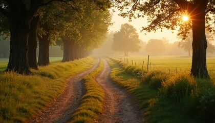 Dirt road runs among green fields. Sun shines through trees at dawn. Misty morning rural scene. Farm landscape. Countryside view with field road and golden light.