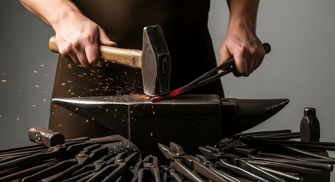 Blacksmith forging metal with hammer on anvil in workshop - Powered by Adobe