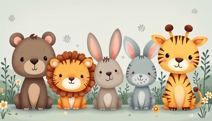 Cute cartoon animal set for baby shower invitations and nursery decor. Features bear lion rabbit giraffe with soft pastel colors. Perfect for children art and greeting cards.