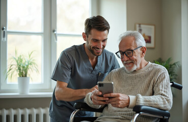Friendly caregiver assists senior man in a wheelchair using smartphone. They share a smile while interacting with tech. Nursing care support for elderly person at home using mobile phone.