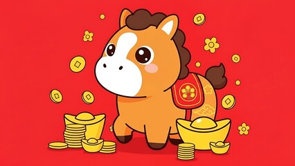 Cartoon horse with gold coins and ingots on a red background for chinese new year