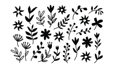 Hand drawn floral doodle clipart with leaves and flowers botanical elements