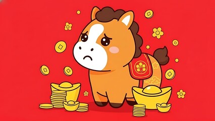 A sad cartoon horse surrounded by gold coins and ingots on a red background design
