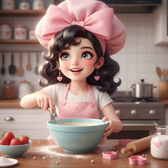 A cartoon girl with a pink chef hat mixing batter in a kitchen with strawberries
