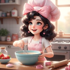 A cartoon girl in a pink chef hat mixing batter in a bowl in a bright kitchen setting