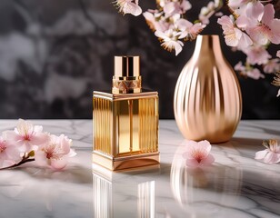 a golden perfume bottle sits on a marble surface amongst cherry blossoms and a vase