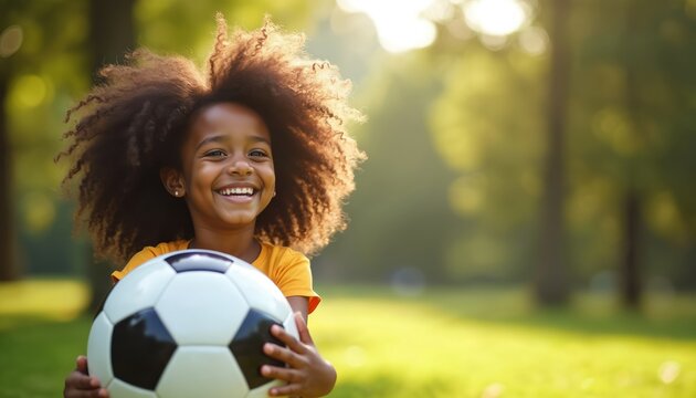 Smiling young african american girl holds soccer ball in sunny park. Black female child has afro hairstyle. Happy kid plays sport enjoying sunny day.