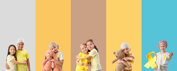 Set of children with yellow ribbons on color background. Childhood cancer awareness concept