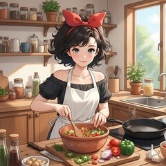 Anime style girl in kitchen preparing salad with vegetables and cooking utensils