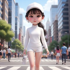 Cartoon girl in white outfit walking on a crosswalk in a city with tall buildings