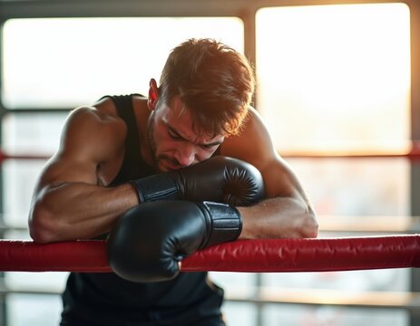 Young boxer rests head on boxing ring ropes, wearing black gloves. Athlete shows fatigue after hard workout fight in gym. Man looks down, lost in thought, tired. Man leans on red ropes, arms crossed,